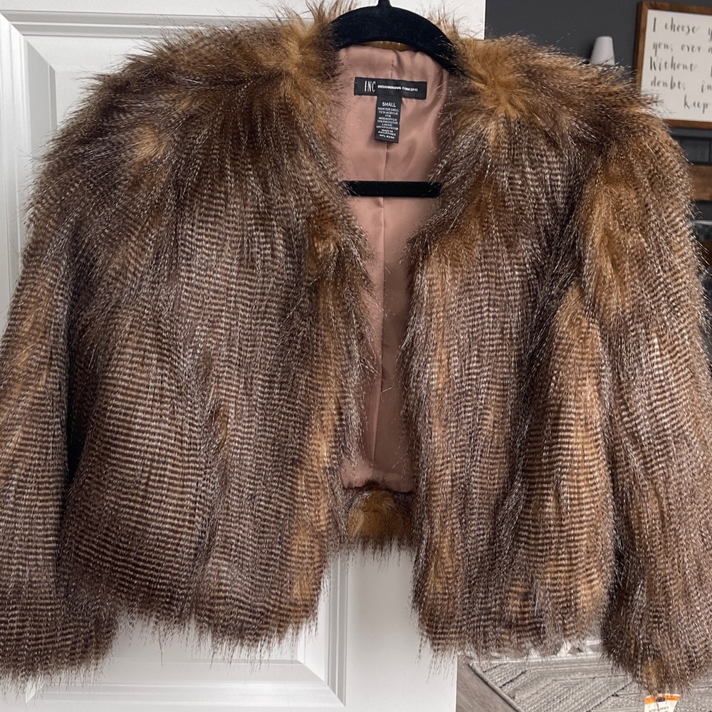 INC International Concepts Brown Faux Fur Cropped Jacket with Mixed Brown Hues